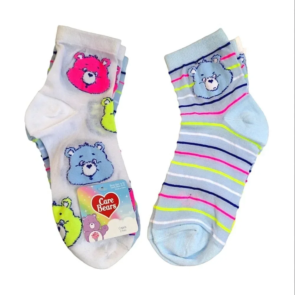 Care Bears‎ White Colorful Neon Print 2 Pairs Nylon Capri Socks NWT Nostalgia